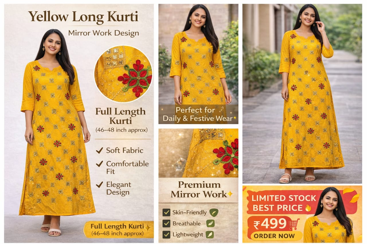 ThreadFash Yellow Mirror Work Kurti - Indian Festive Fashion